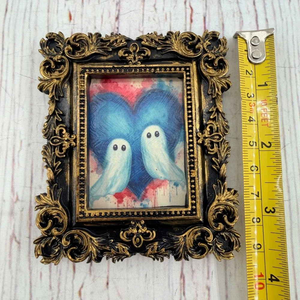 Handmade Ghost Heart Decoupage Art Ornate Gold Black Resin Frame Mini